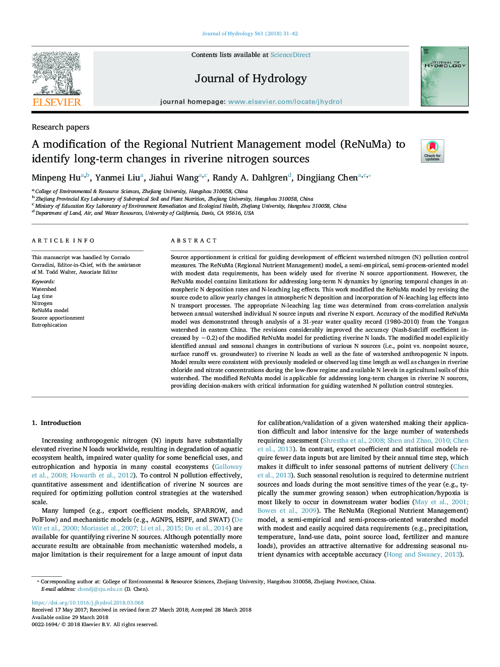 A modification of the Regional Nutrient Management model (ReNuMa) to identify long-term changes in riverine nitrogen sources