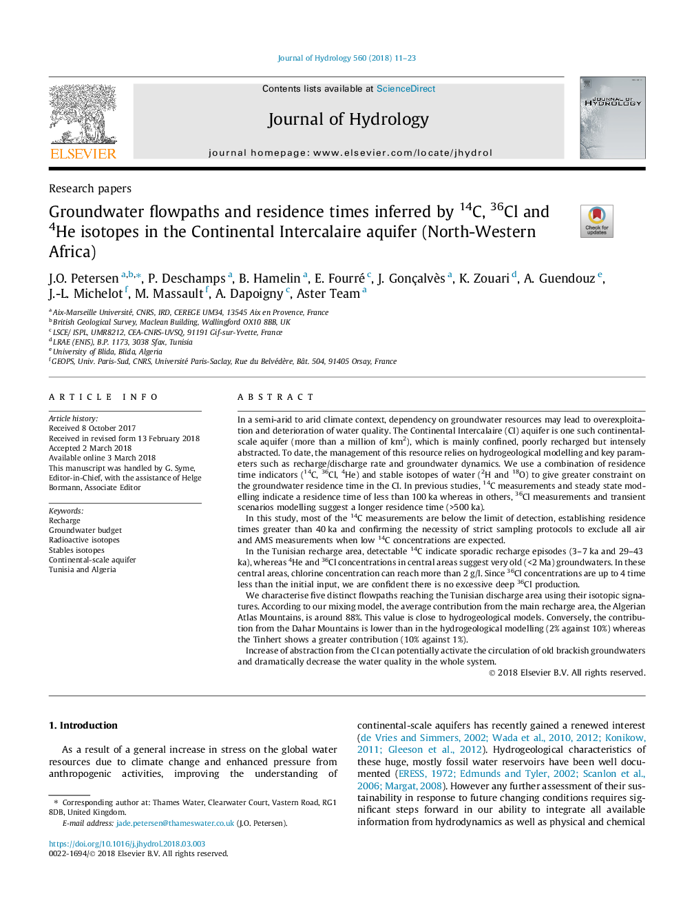 Groundwater flowpaths and residence times inferred by 14C, 36Cl and 4He isotopes in the Continental Intercalaire aquifer (North-Western Africa)