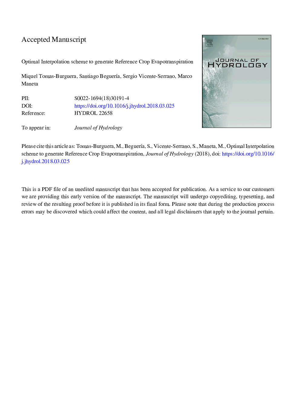 Optimal Interpolation scheme to generate reference crop evapotranspiration