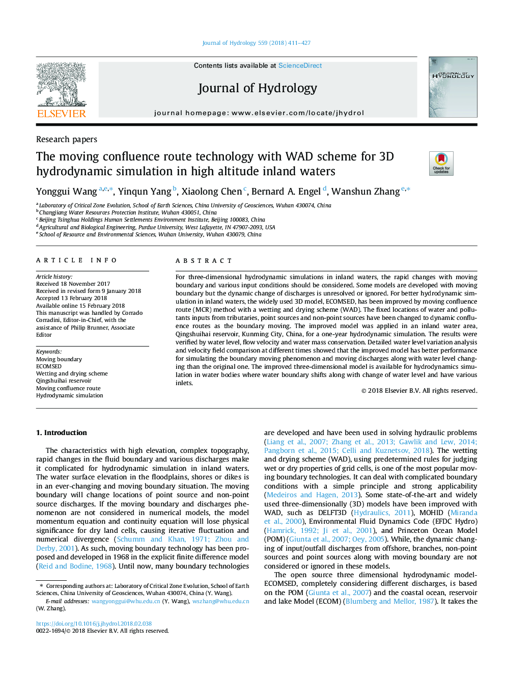 The moving confluence route technology with WAD scheme for 3D hydrodynamic simulation in high altitude inland waters