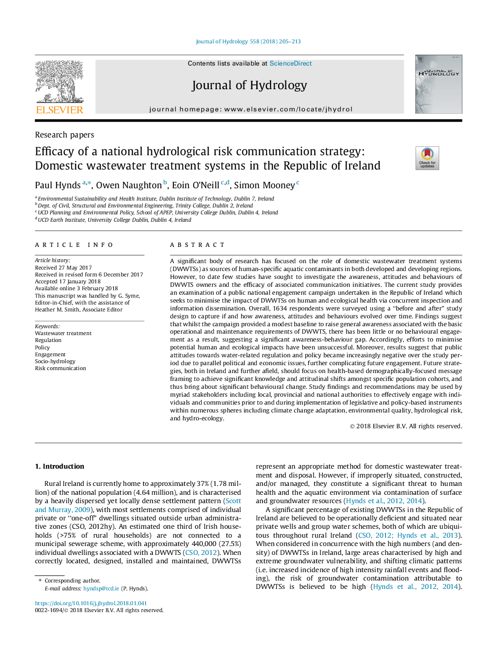 Efficacy of a national hydrological risk communication strategy: Domestic wastewater treatment systems in the Republic of Ireland