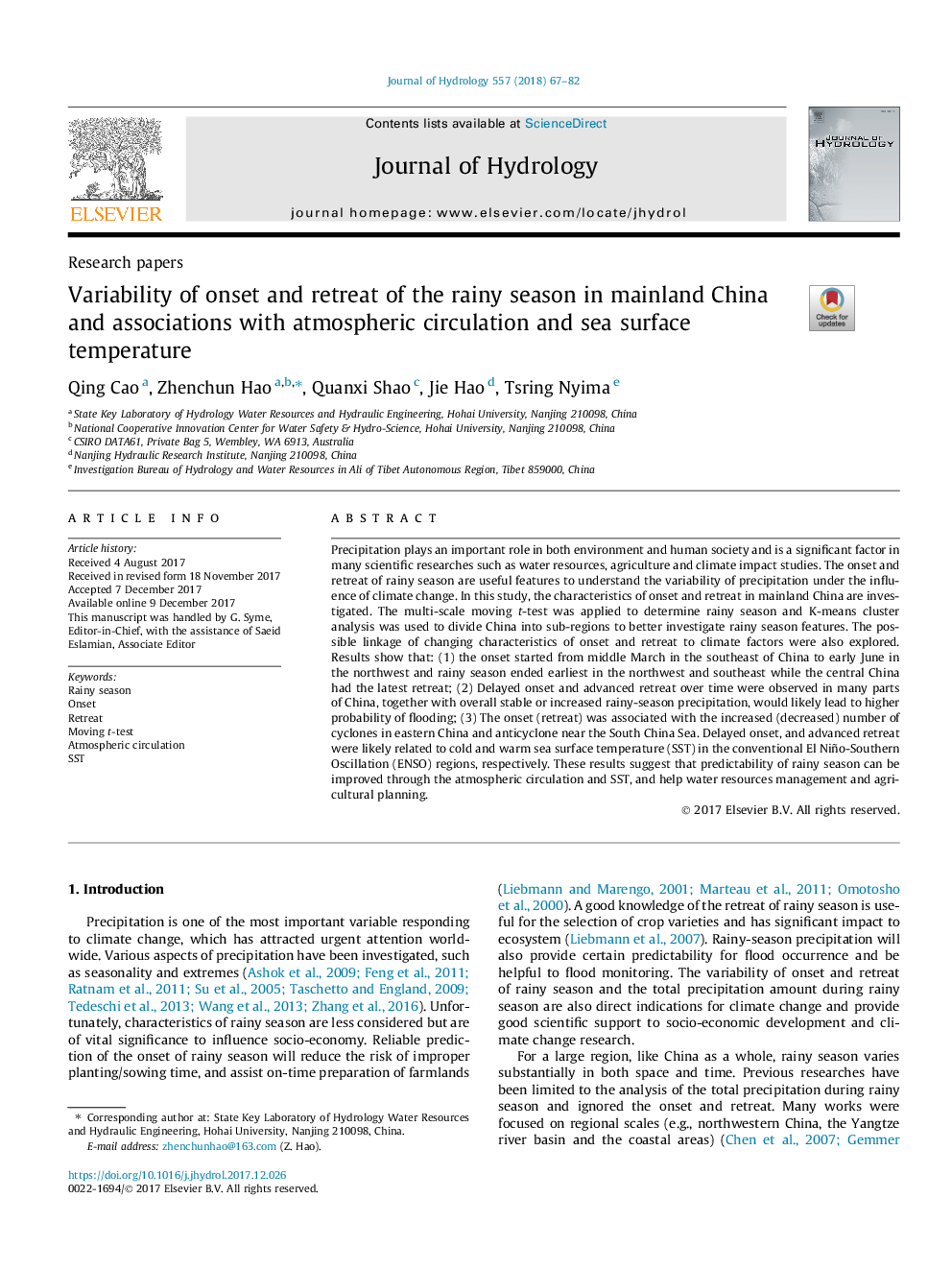 Variability of onset and retreat of the rainy season in mainland China and associations with atmospheric circulation and sea surface temperature