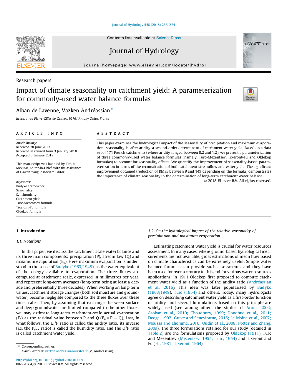 Impact of climate seasonality on catchment yield: A parameterization for commonly-used water balance formulas