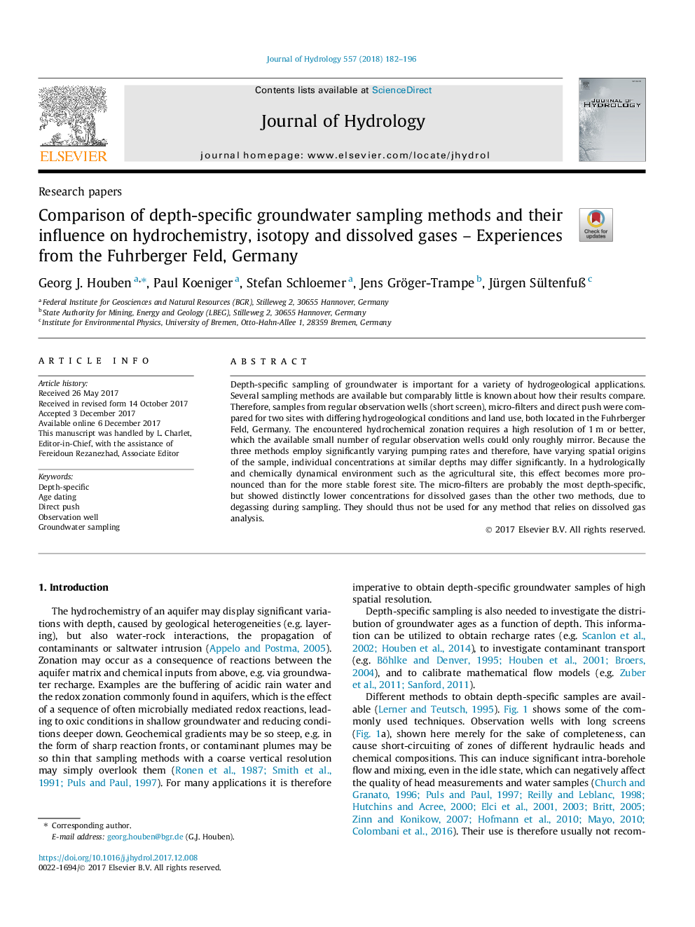 Comparison of depth-specific groundwater sampling methods and their influence on hydrochemistry, isotopy and dissolved gases - Experiences from the Fuhrberger Feld, Germany