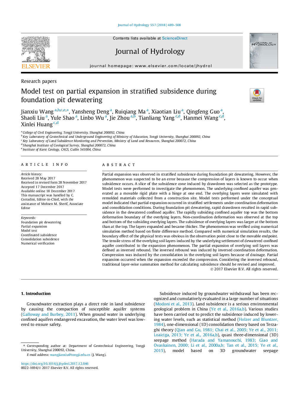 Model test on partial expansion in stratified subsidence during foundation pit dewatering