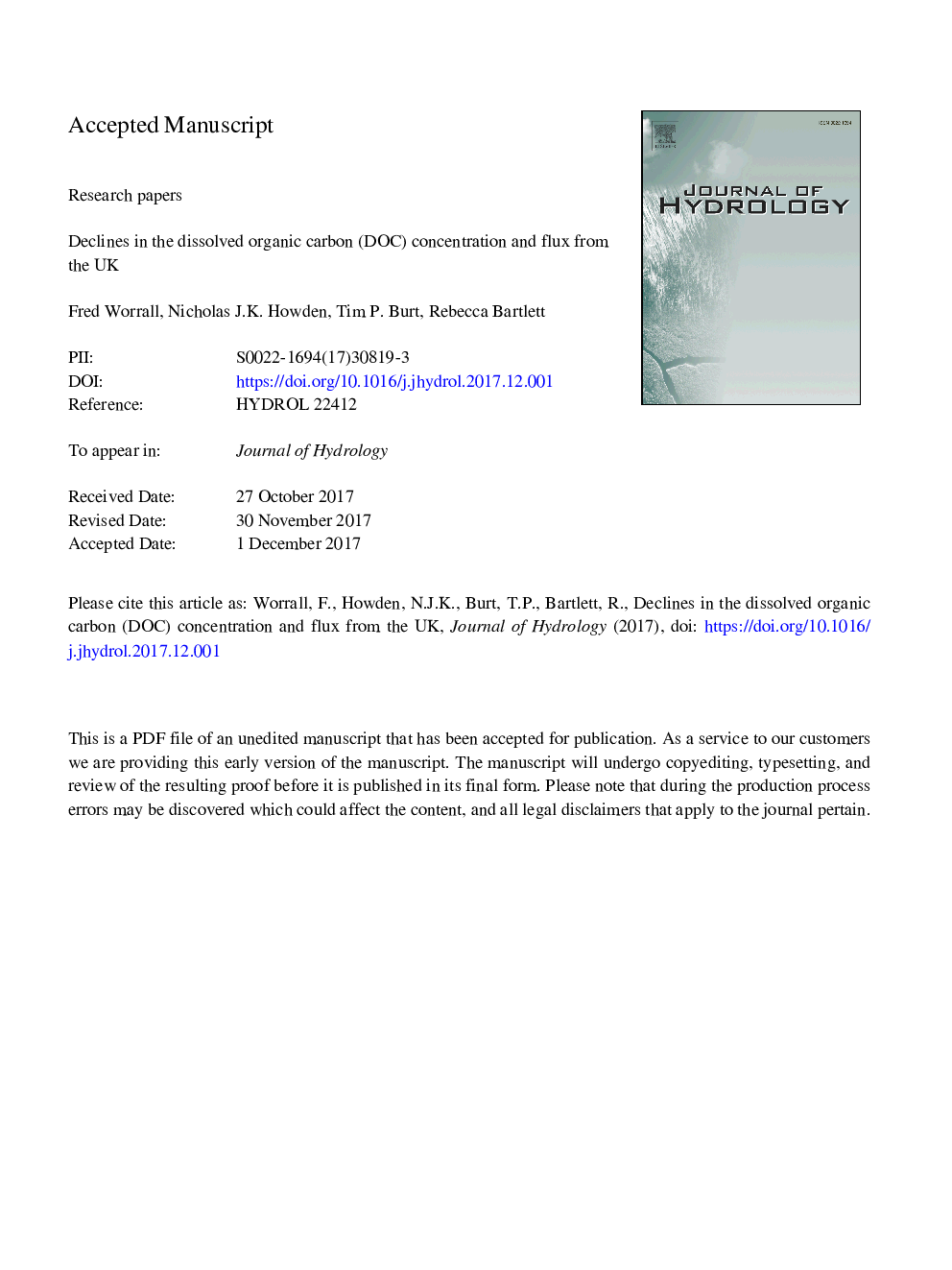 Declines in the dissolved organic carbon (DOC) concentration and flux from the UK