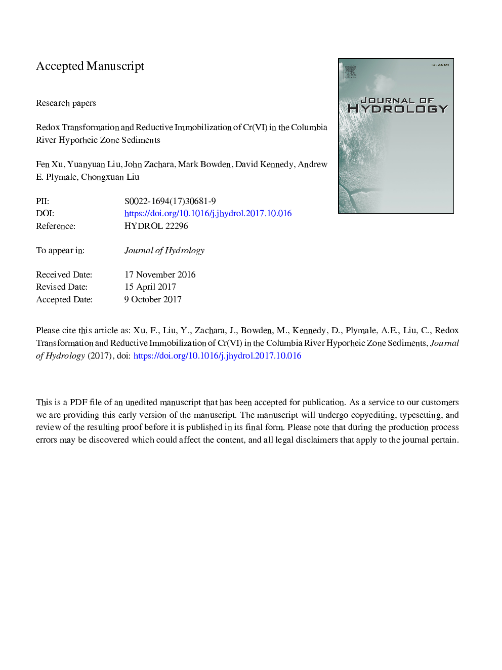 Redox transformation and reductive immobilization of Cr(VI) in the Columbia River hyporheic zone sediments