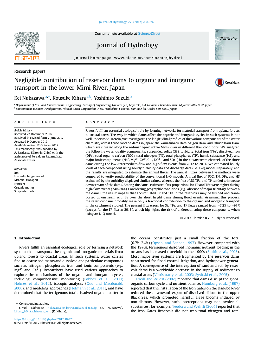 Negligible contribution of reservoir dams to organic and inorganic transport in the lower Mimi River, Japan