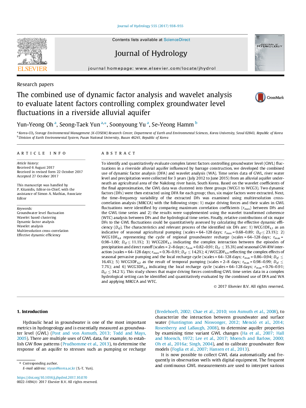 The combined use of dynamic factor analysis and wavelet analysis to evaluate latent factors controlling complex groundwater level fluctuations in a riverside alluvial aquifer