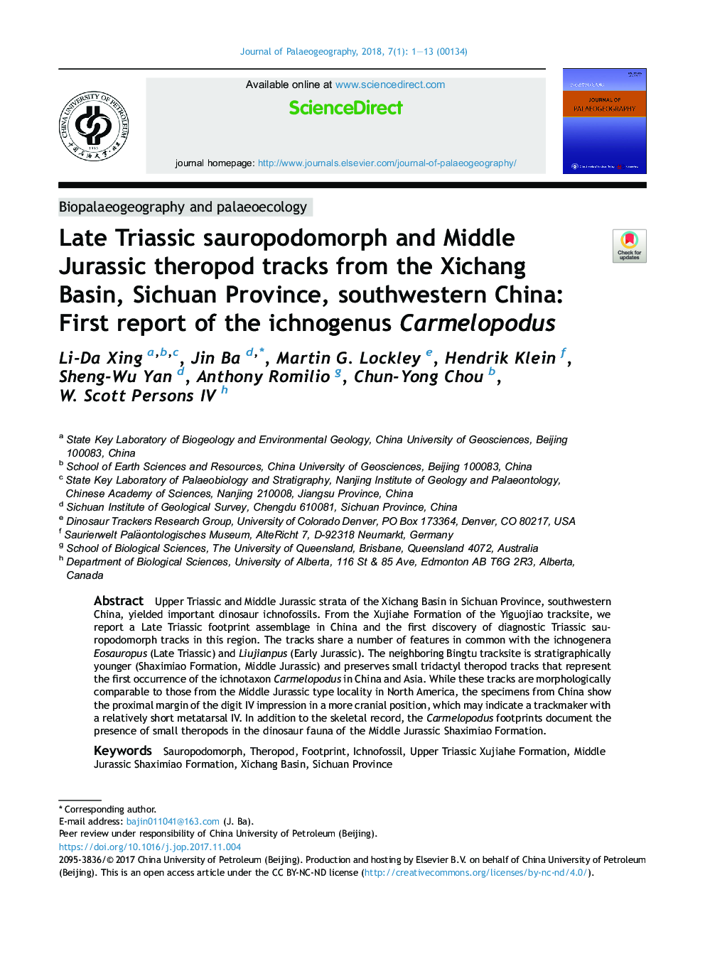 Late Triassic sauropodomorph and Middle Jurassic theropod tracks from the Xichang Basin, Sichuan Province, southwestern China: First report of the ichnogenus Carmelopodus