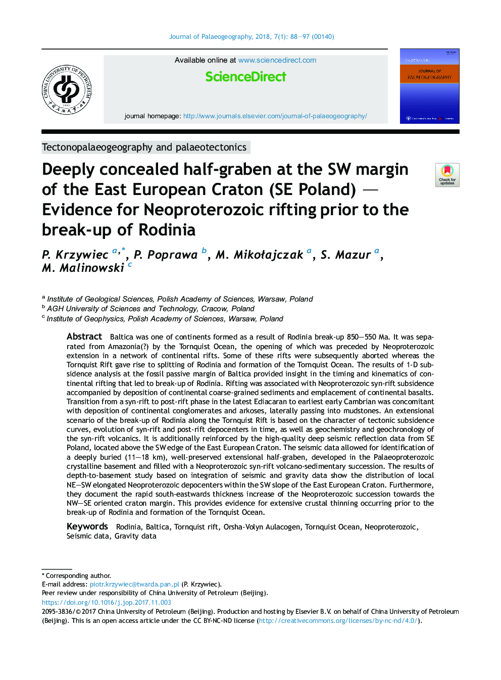 Deeply concealed half-graben at the SW margin of the East European Craton (SE Poland) - Evidence for Neoproterozoic rifting prior to the break-up of Rodinia