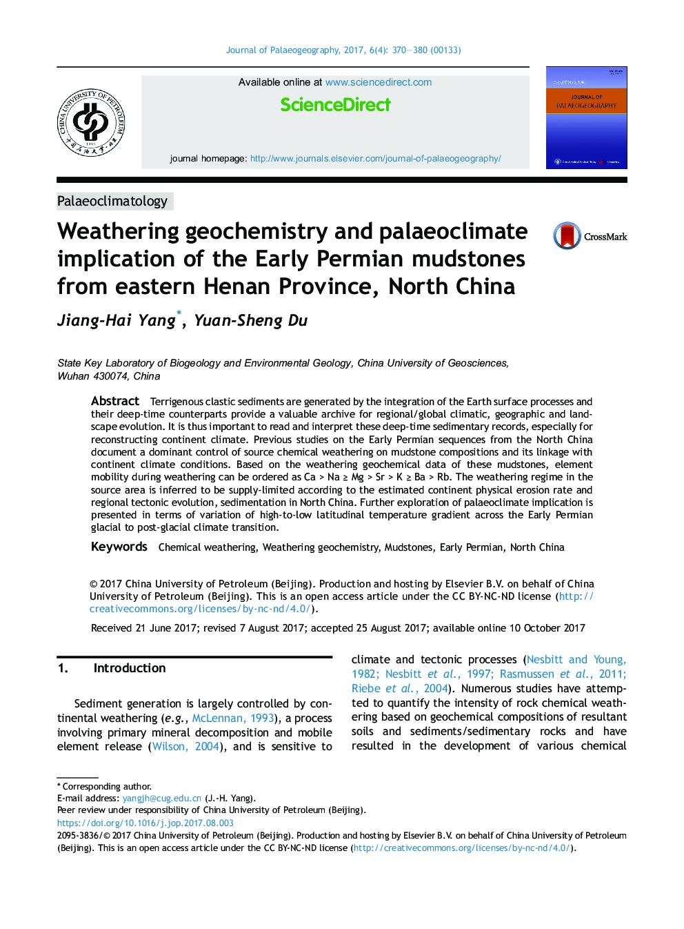 Weathering geochemistry and palaeoclimate implication of the Early Permian mudstones from eastern Henan Province, North China