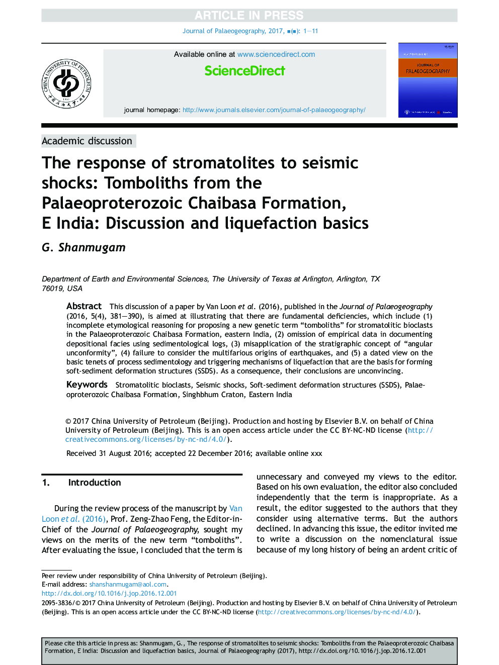 The response of stromatolites to seismic shocks: Tomboliths from the Palaeoproterozoic Chaibasa Formation, EÂ India: Discussion and liquefaction basics