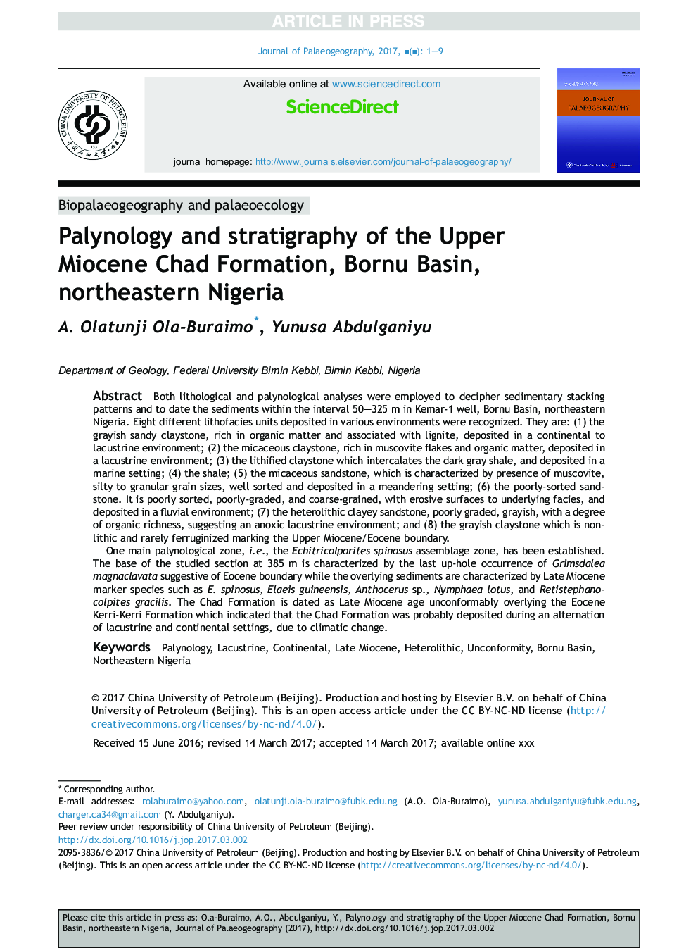 Palynology and stratigraphy of the Upper Miocene Chad Formation, Bornu Basin, northeastern Nigeria