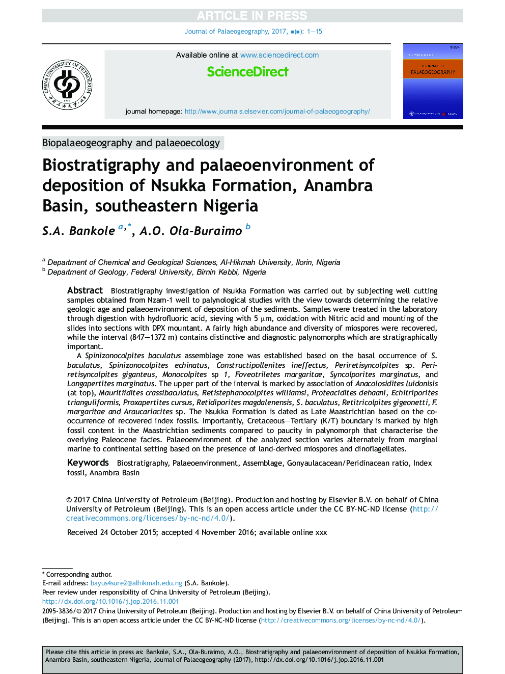 Biostratigraphy and palaeoenvironment of deposition of Nsukka Formation, Anambra Basin, southeastern Nigeria