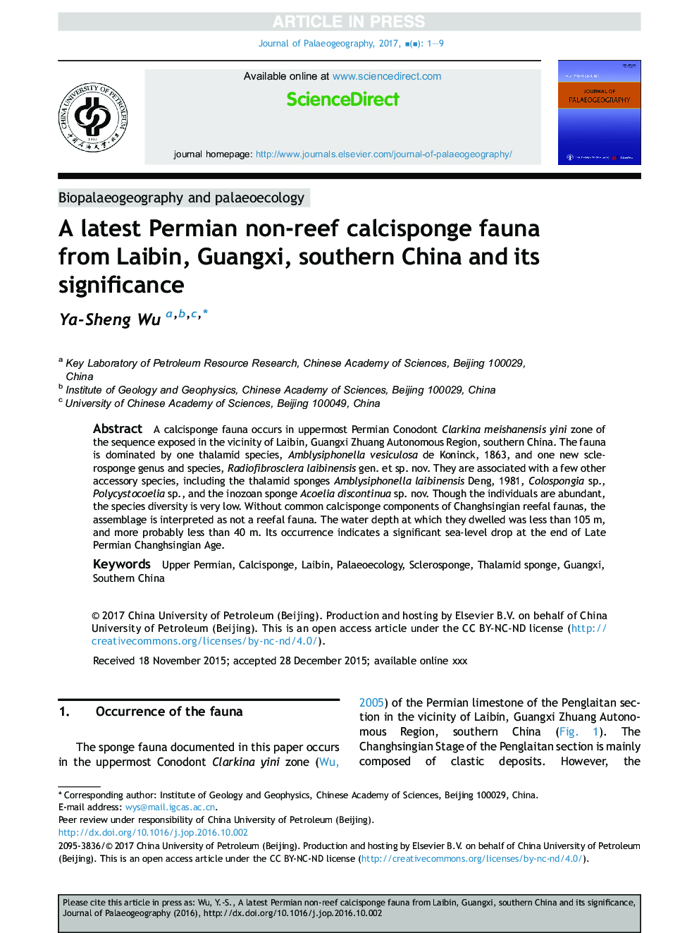 A latest Permian non-reef calcisponge fauna from Laibin, Guangxi, southern China and its significance