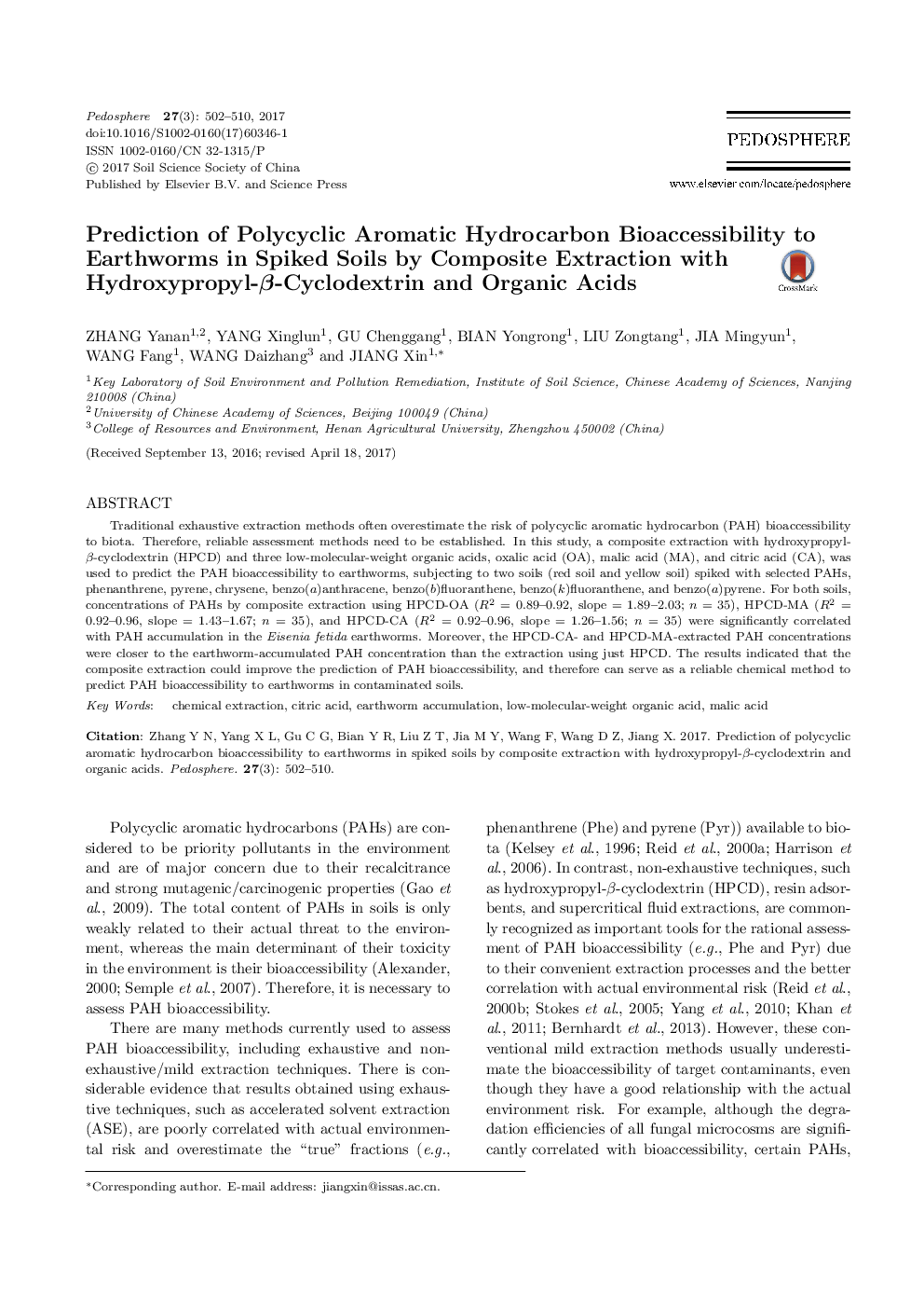 Prediction of Polycyclic Aromatic Hydrocarbon Bioaccessibility to Earthworms in Spiked Soils by Composite Extraction with Hydroxypropyl-Ã-Cyclodextrin and Organic Acids