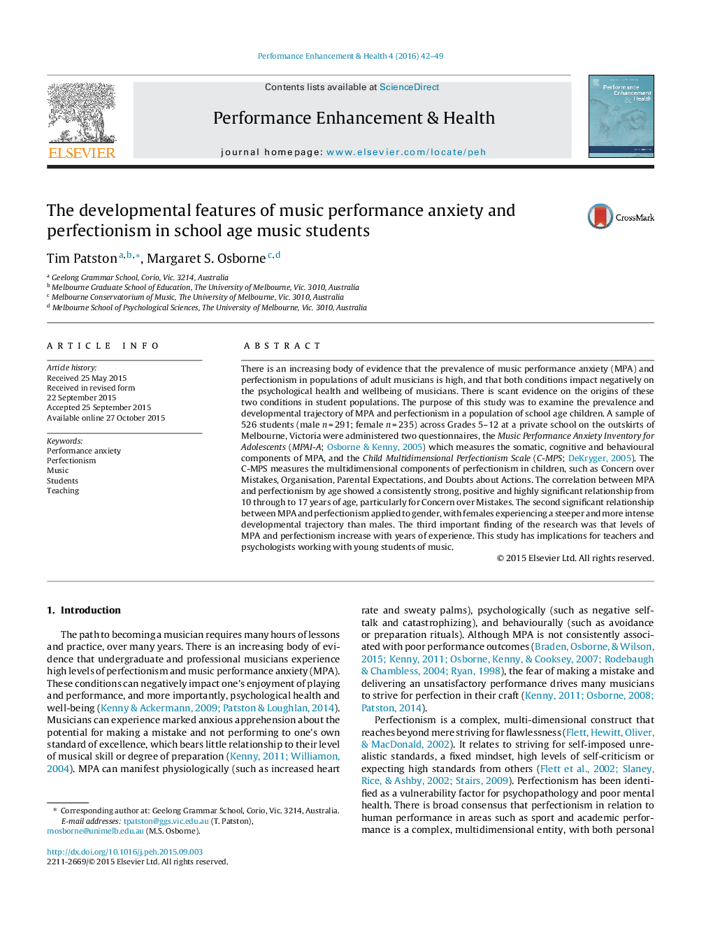 The developmental features of music performance anxiety and perfectionism in school age music students