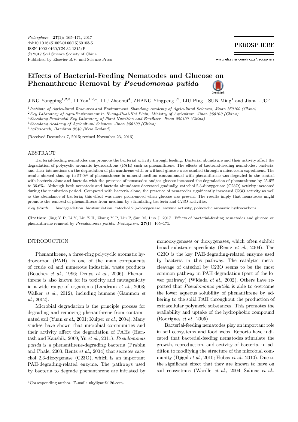 Effects of Bacterial-Feeding Nematodes and Glucose on Phenanthrene Removal by Pseudomonas putida