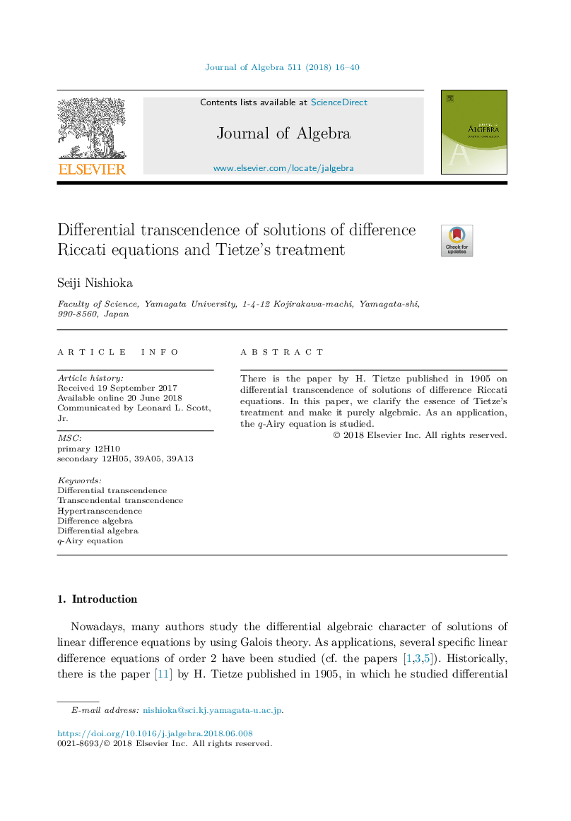 Differential transcendence of solutions of difference Riccati equations and Tietze's treatment