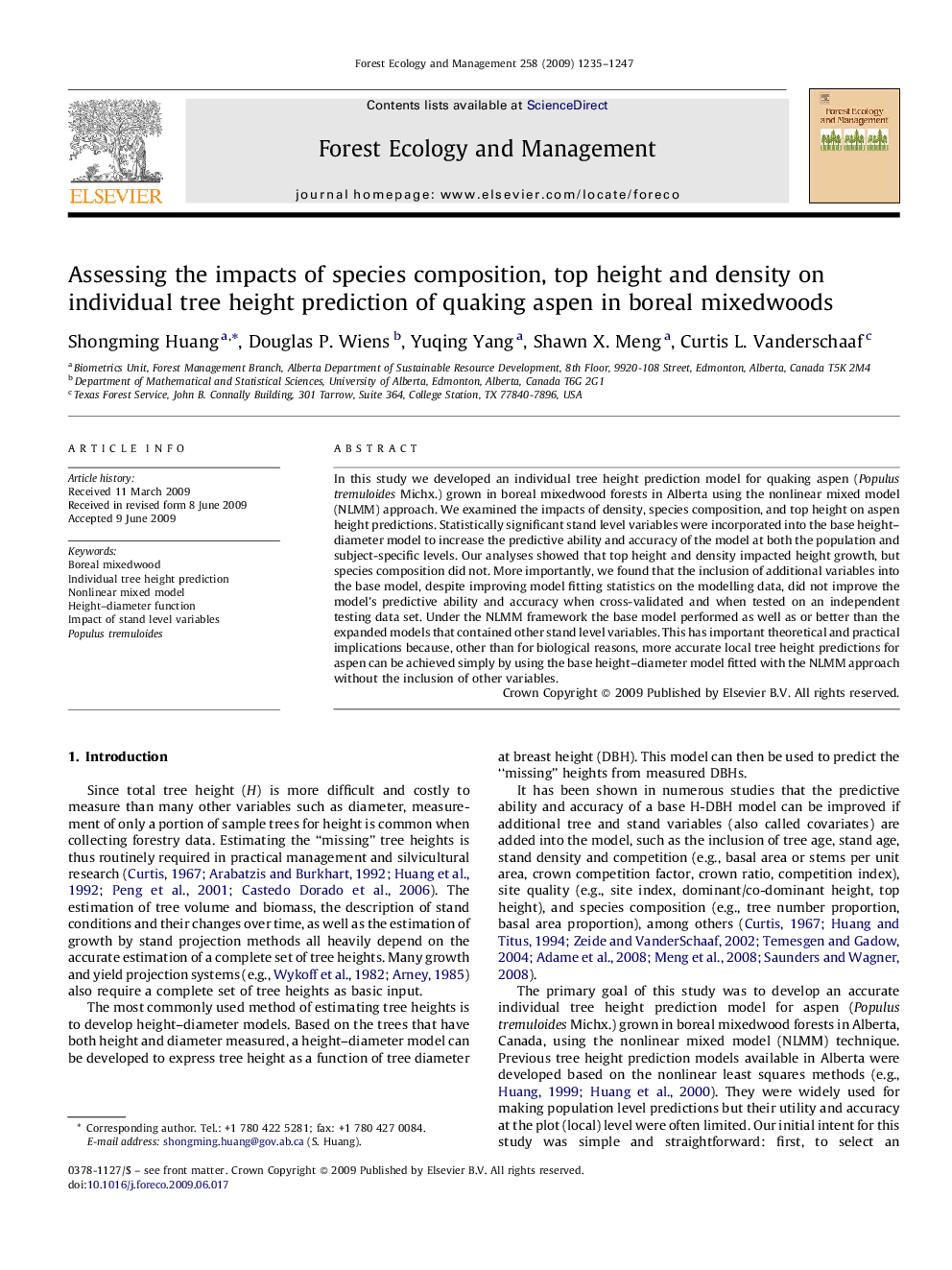 Assessing the impacts of species composition, top height and density on individual tree height prediction of quaking aspen in boreal mixedwoods