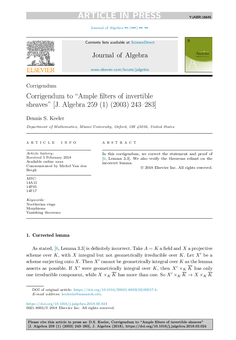 Corrigendum to “Ample filters of invertible sheaves” [J. Algebra 259 (1) (2003) 243-283]