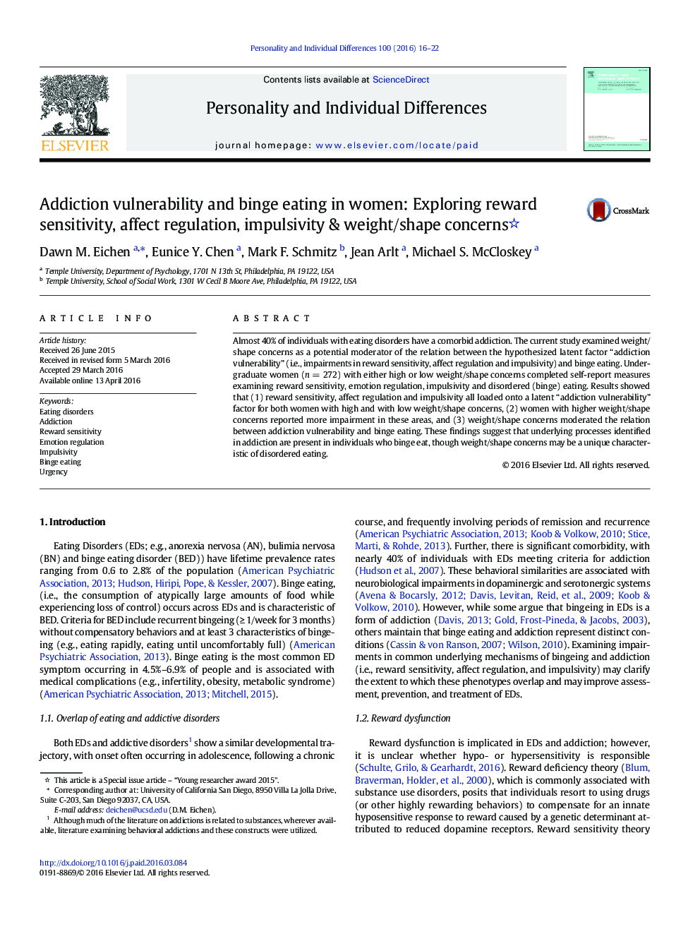 Addiction vulnerability and binge eating in women: Exploring reward sensitivity, affect regulation, impulsivity & weight/shape concerns 