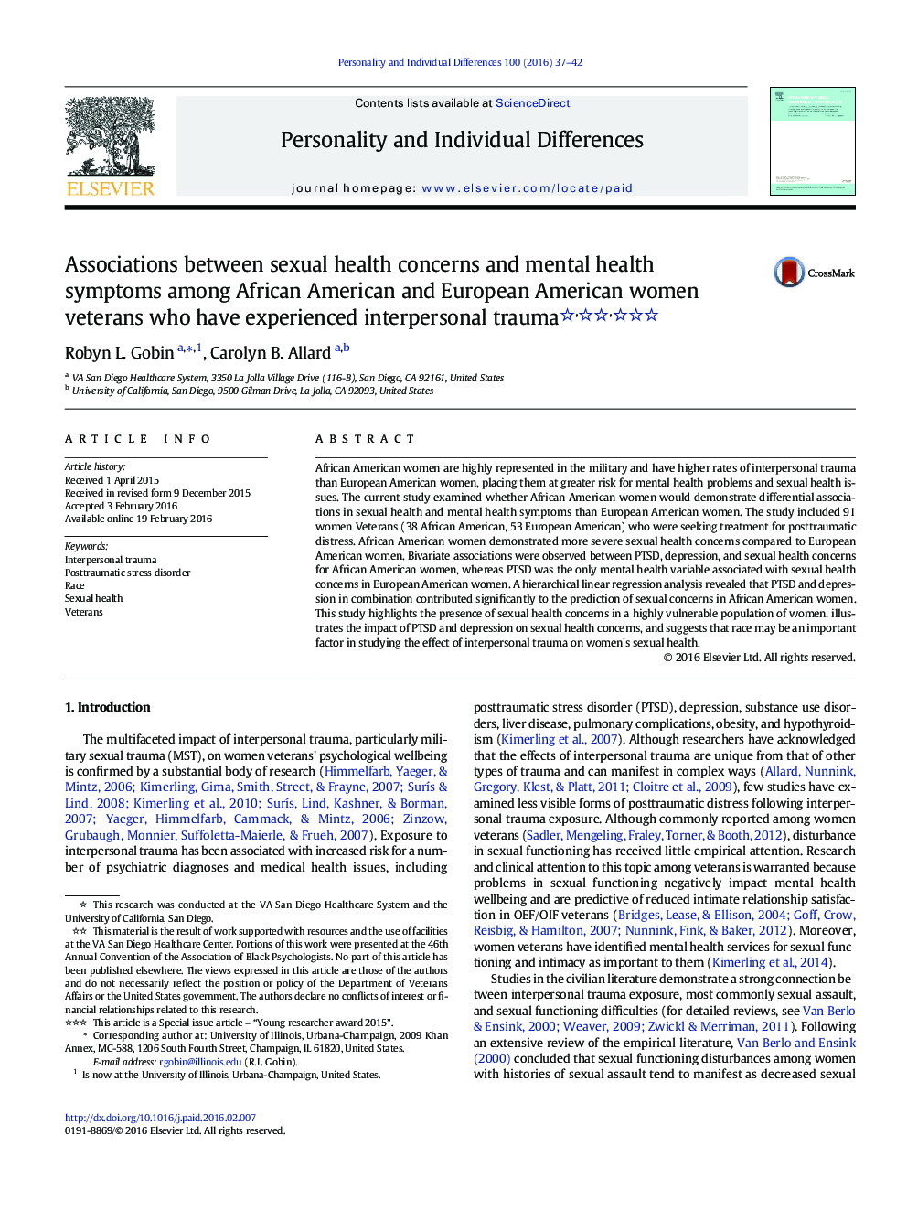 Associations between sexual health concerns and mental health symptoms among African American and European American women veterans who have experienced interpersonal trauma 