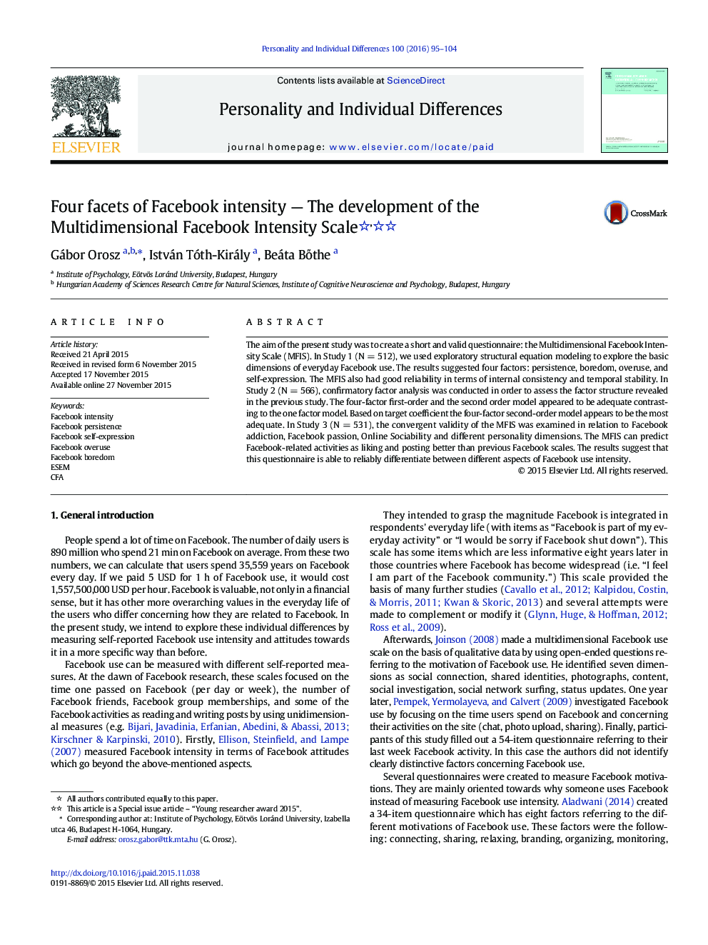 Four facets of Facebook intensity — The development of the Multidimensional Facebook Intensity Scale 