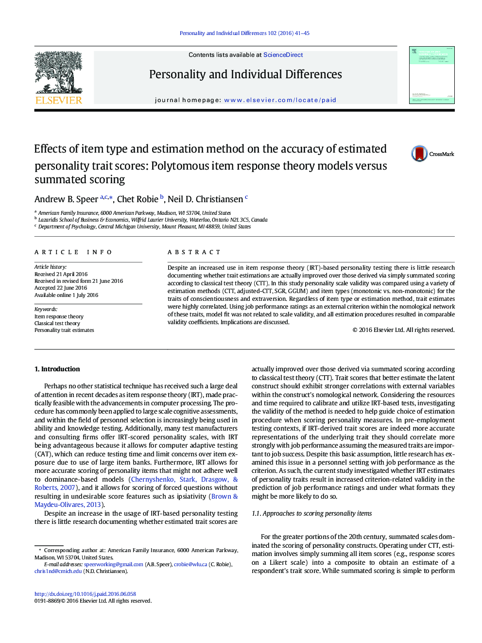 Effects of item type and estimation method on the accuracy of estimated personality trait scores: Polytomous item response theory models versus summated scoring