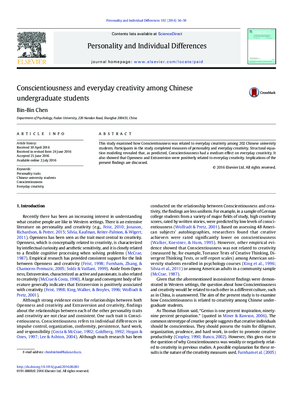 Conscientiousness and everyday creativity among Chinese undergraduate students