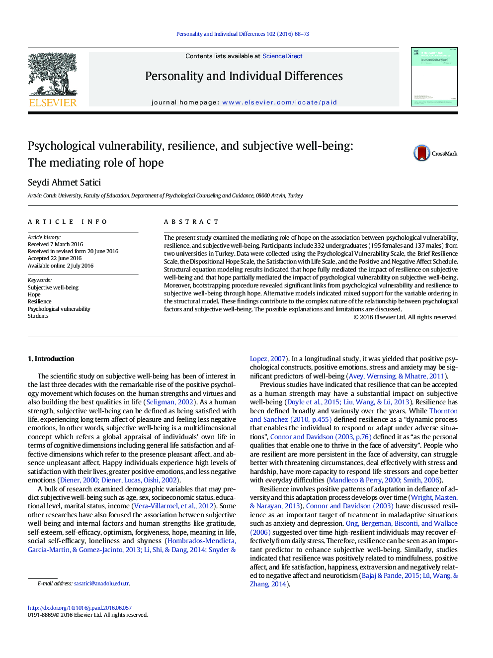 Psychological vulnerability, resilience, and subjective well-being: The mediating role of hope