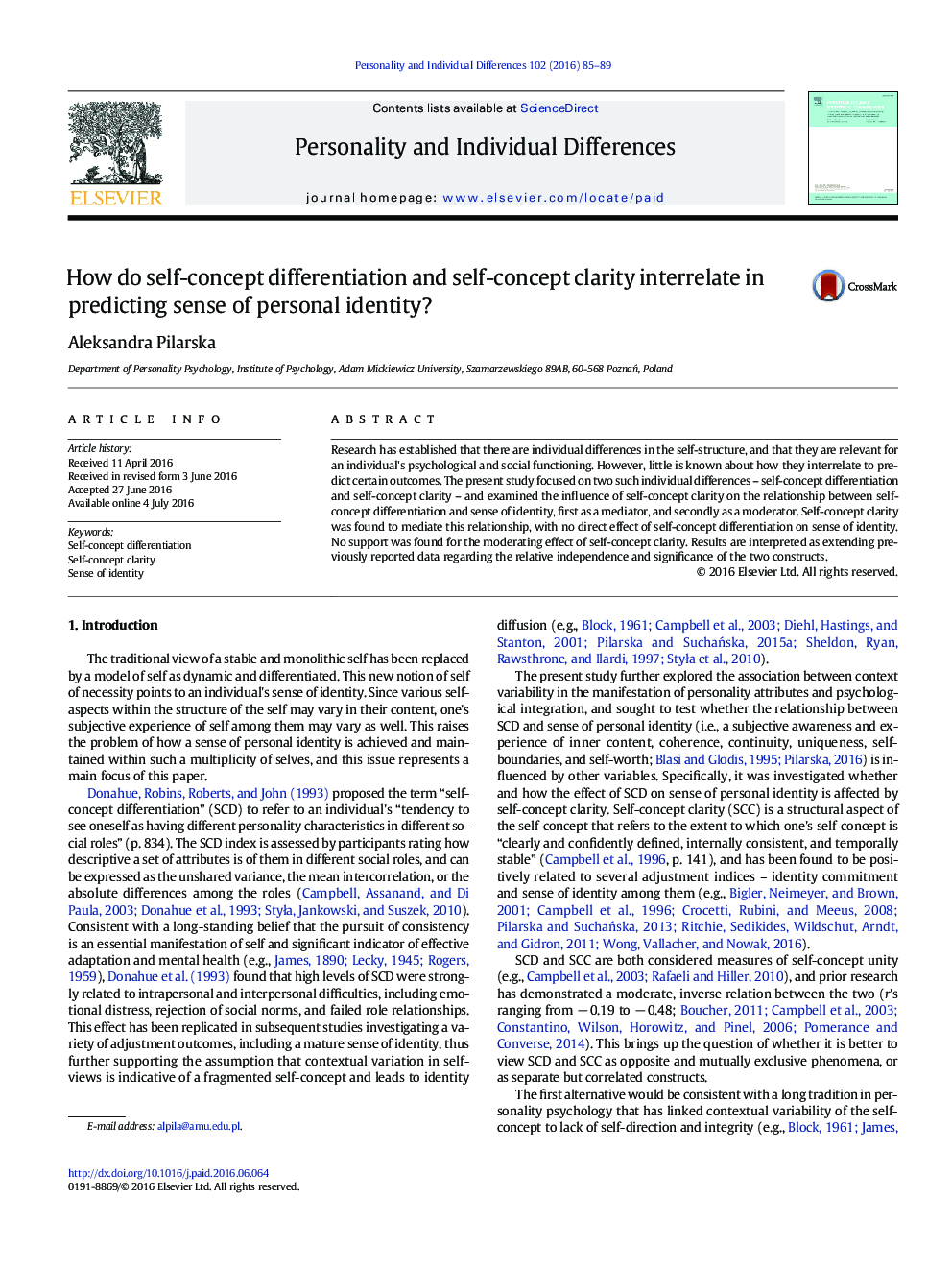 How do self-concept differentiation and self-concept clarity interrelate in predicting sense of personal identity?