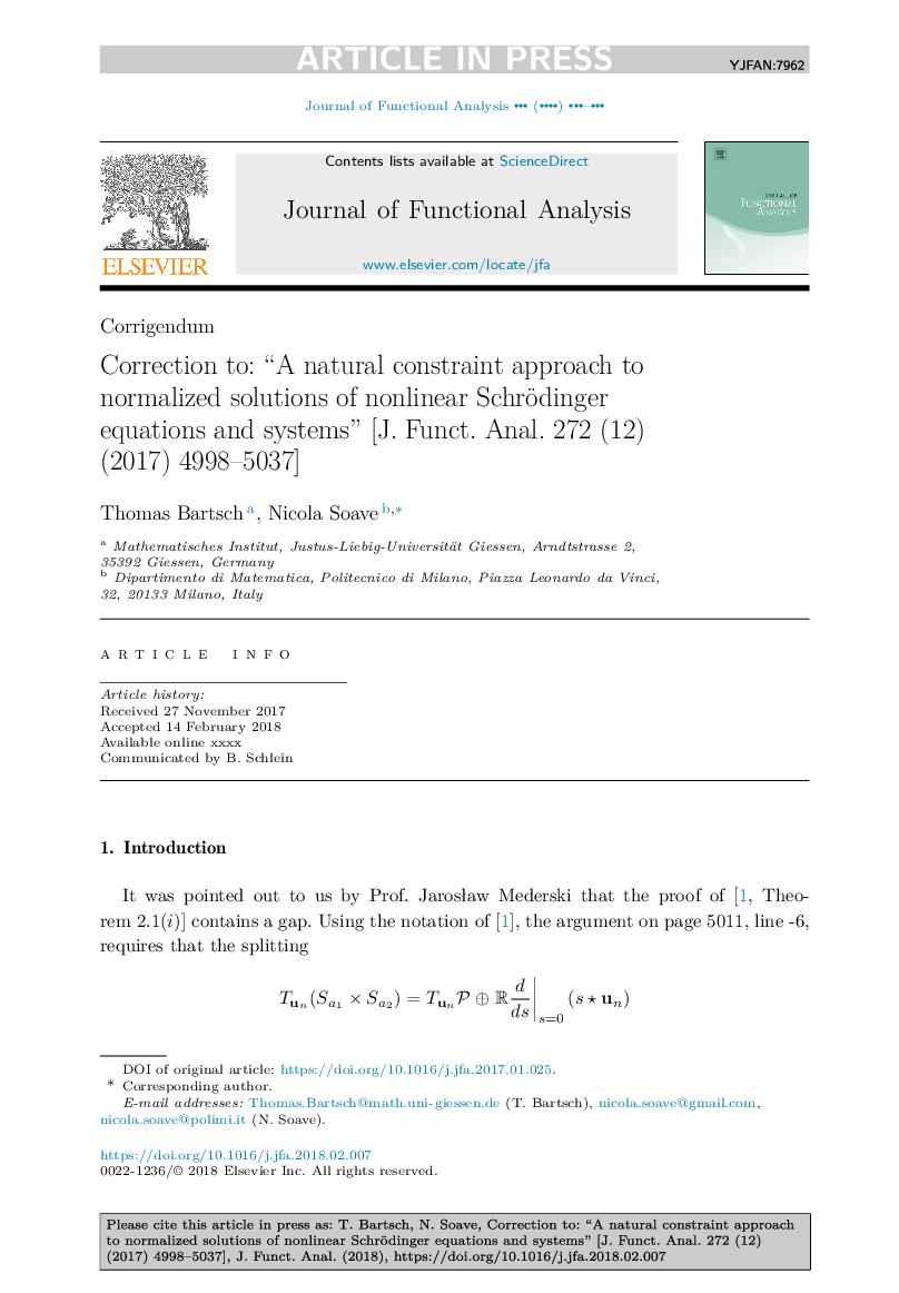 Correction to: “A natural constraint approach to normalized solutions of nonlinear Schrödinger equations and systems” [J. Funct. Anal. 272 (12) (2017) 4998-5037]