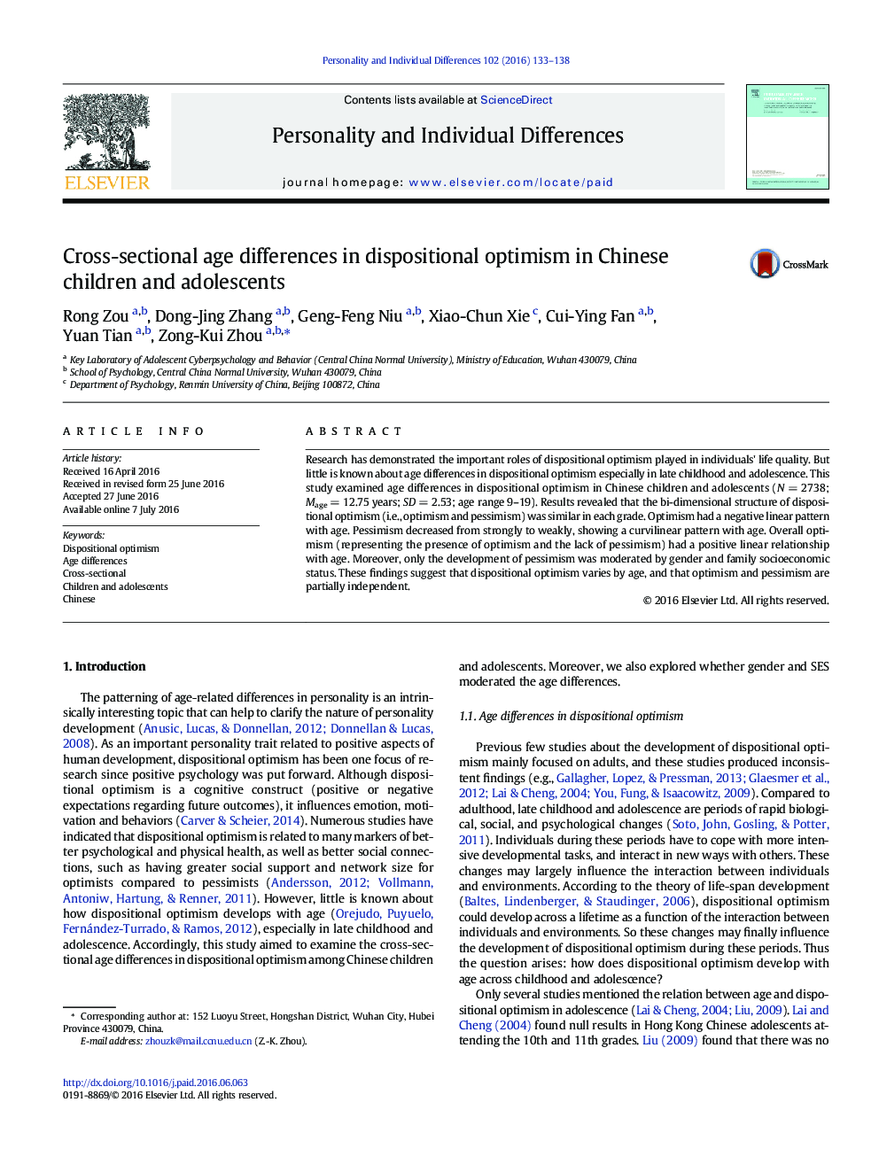 Cross-sectional age differences in dispositional optimism in Chinese children and adolescents