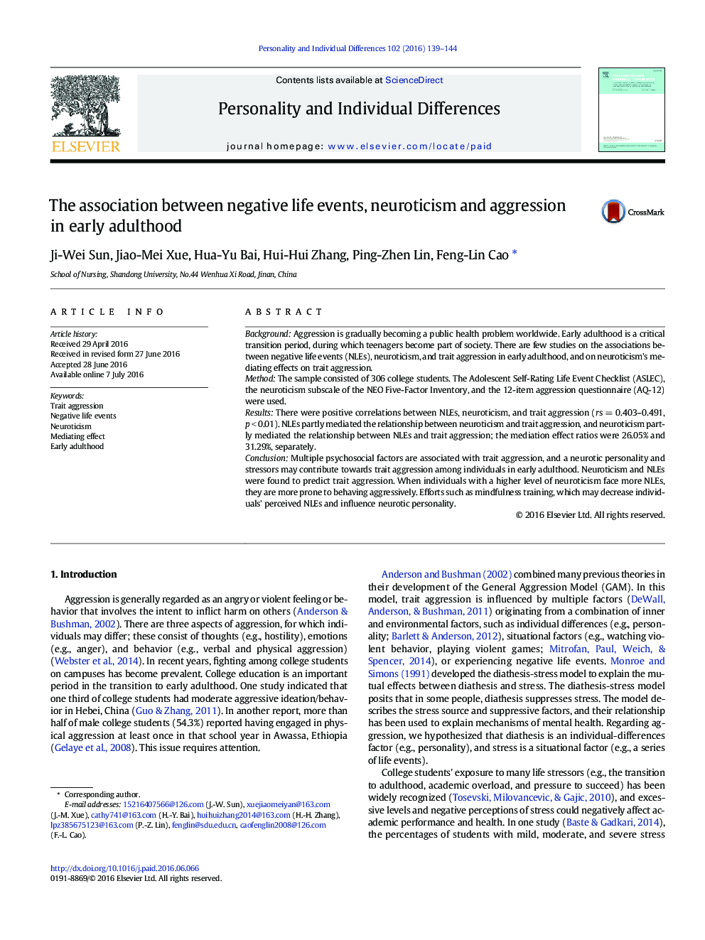 The association between negative life events, neuroticism and aggression in early adulthood