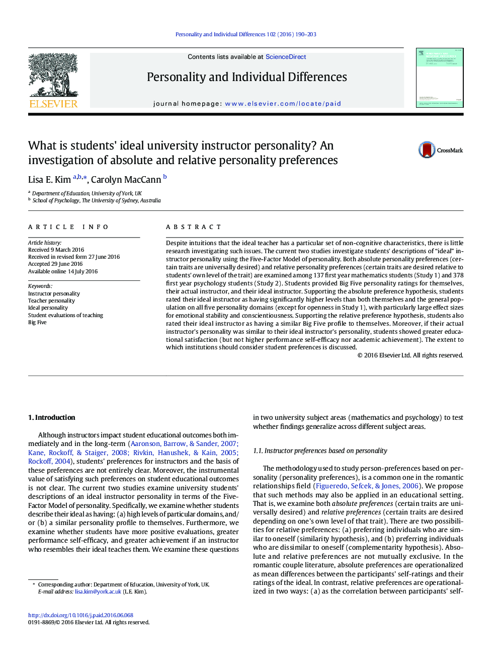 What is students' ideal university instructor personality? An investigation of absolute and relative personality preferences