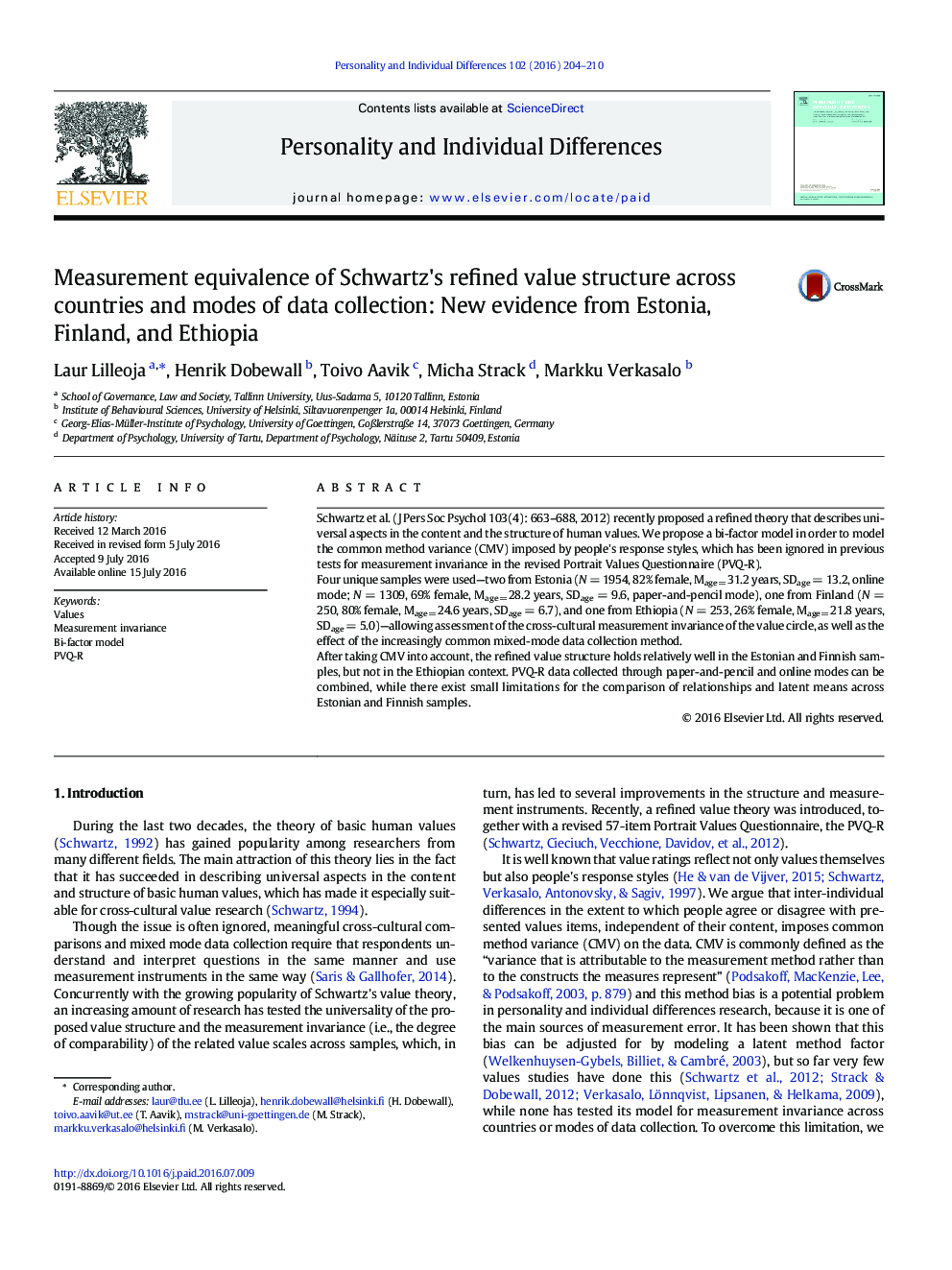 Measurement equivalence of Schwartz's refined value structure across countries and modes of data collection: New evidence from Estonia, Finland, and Ethiopia