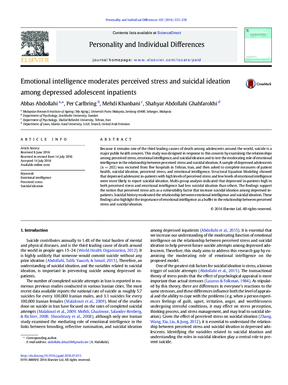 Emotional intelligence moderates perceived stress and suicidal ideation among depressed adolescent inpatients