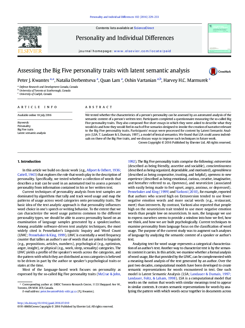 Assessing the Big Five personality traits with latent semantic analysis