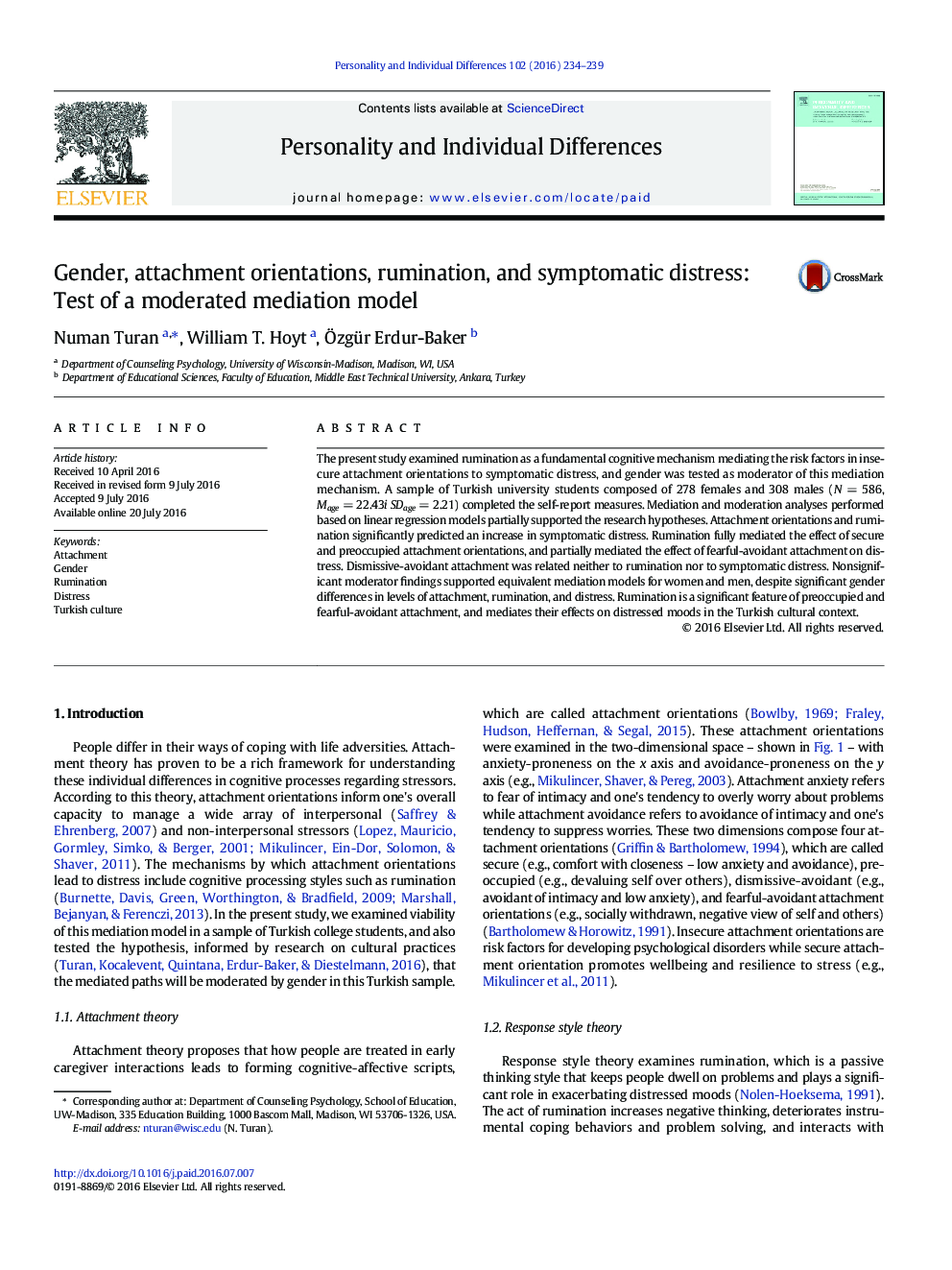 Gender, attachment orientations, rumination, and symptomatic distress: Test of a moderated mediation model