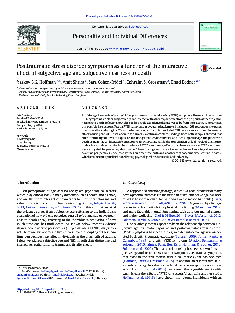 Posttraumatic stress disorder symptoms as a function of the interactive effect of subjective age and subjective nearness to death