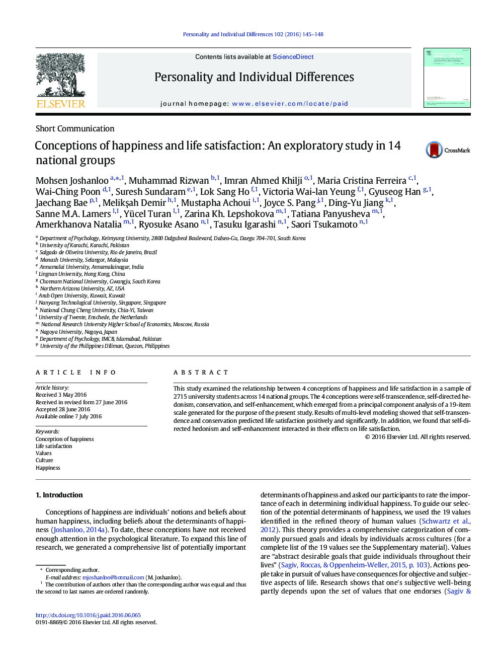 Conceptions of happiness and life satisfaction: An exploratory study in 14 national groups