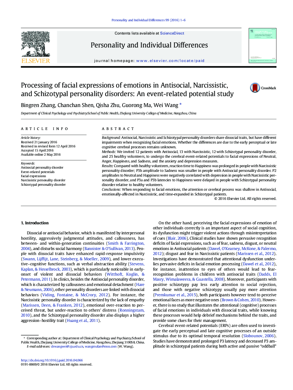 Processing of facial expressions of emotions in Antisocial, Narcissistic, and Schizotypal personality disorders: An event-related potential study