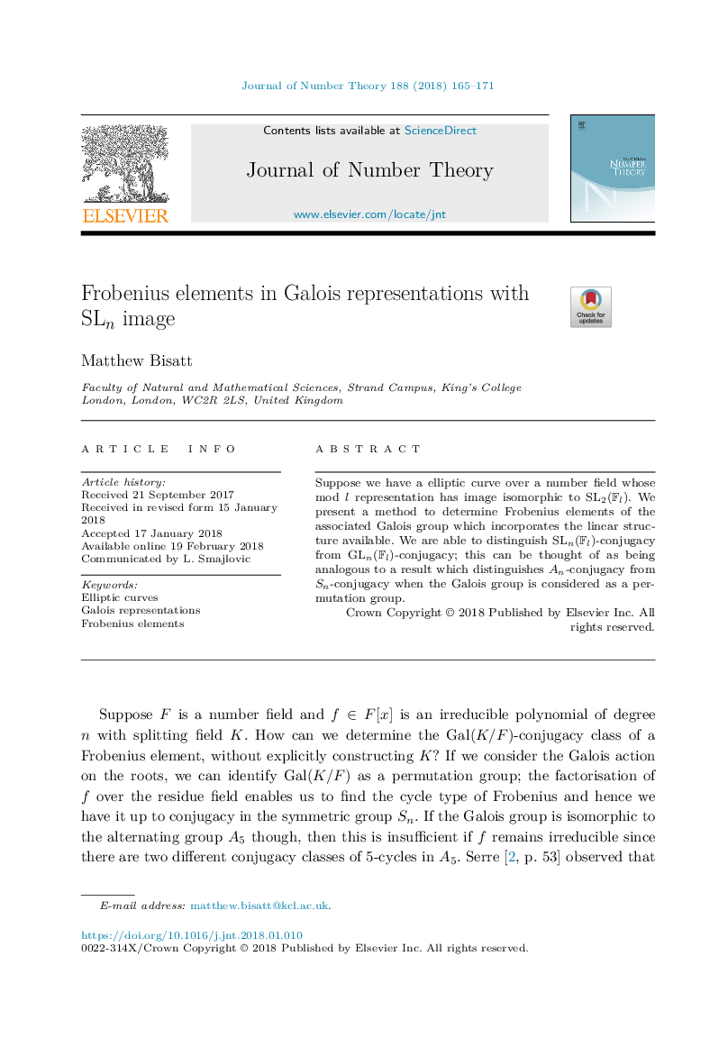 Frobenius elements in Galois representations with SLn image