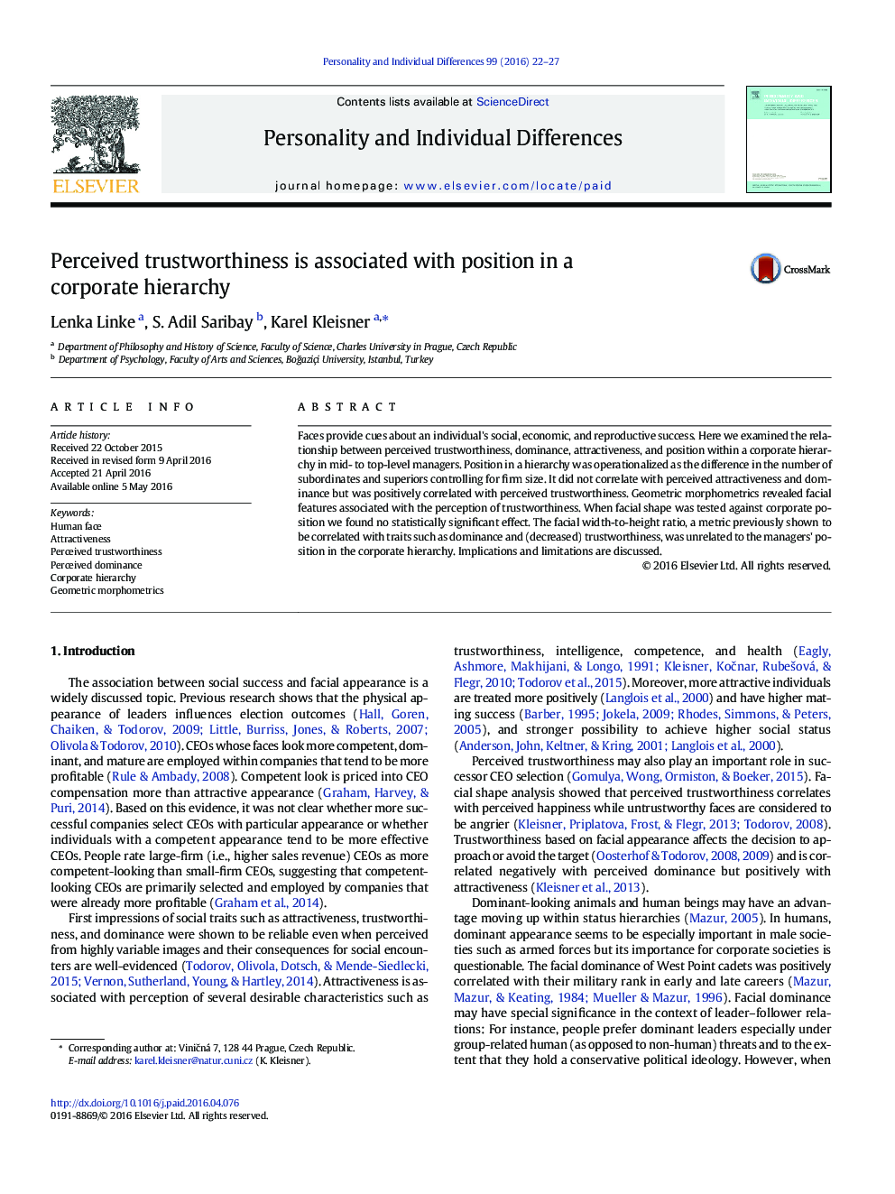 Perceived trustworthiness is associated with position in a corporate hierarchy