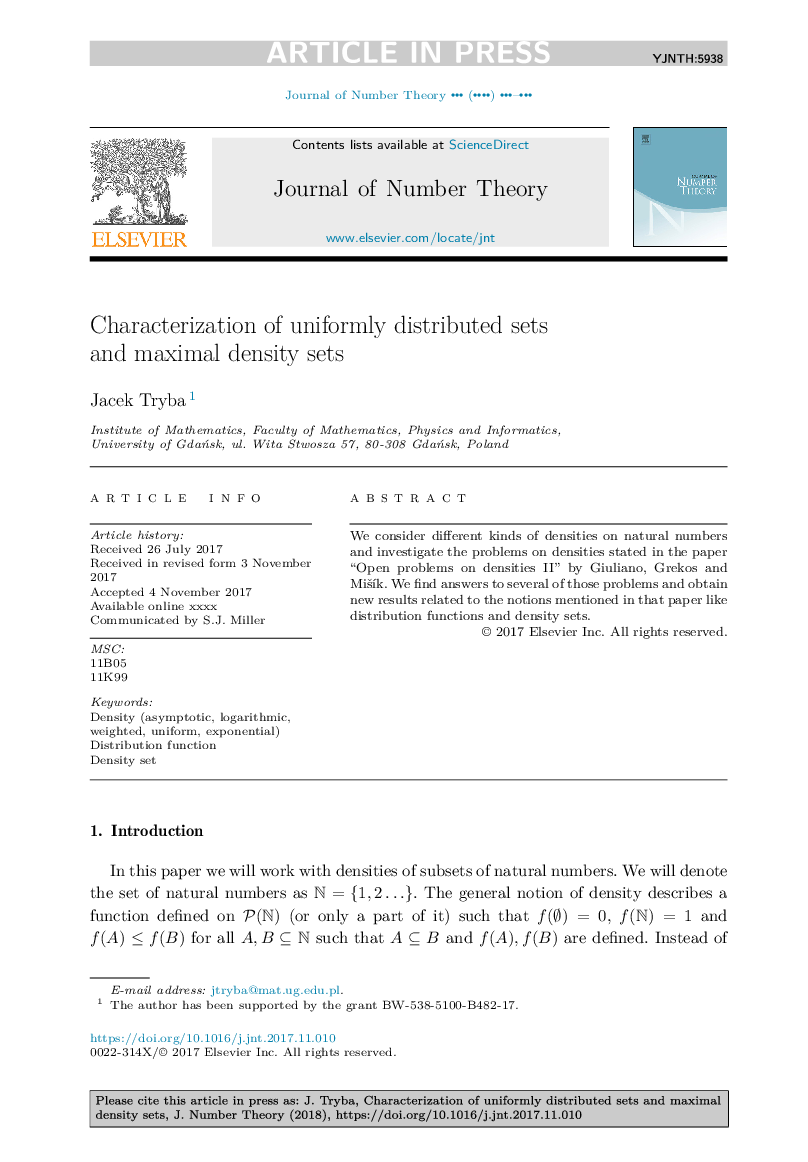 Characterization of uniformly distributed sets and maximal density sets