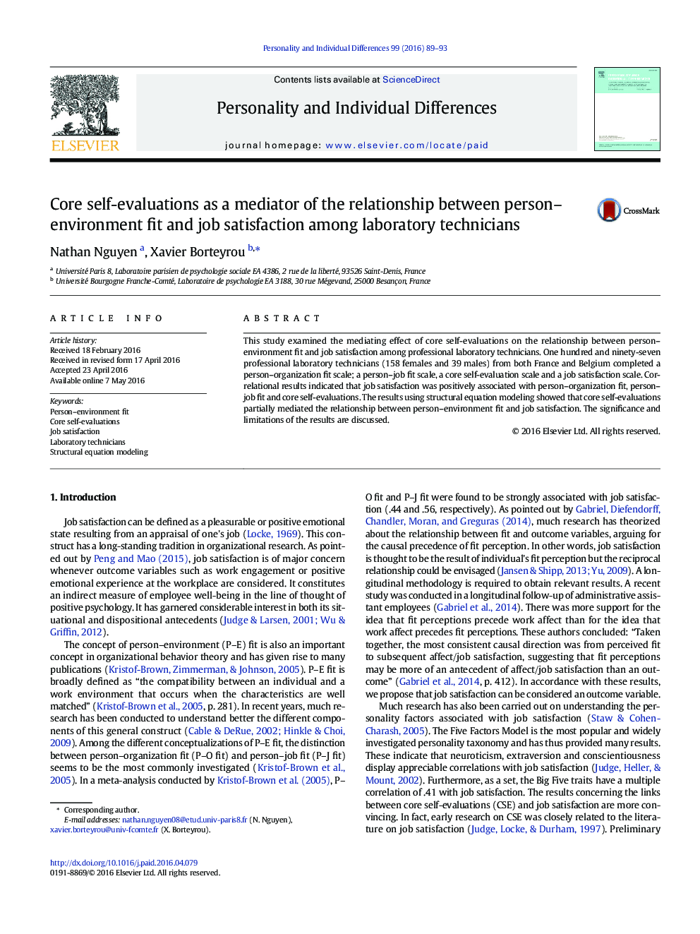 Core self-evaluations as a mediator of the relationship between person–environment fit and job satisfaction among laboratory technicians