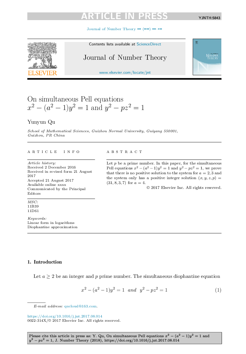 On simultaneous Pell equations x2Â âÂ (a2Â âÂ 1)y2Â =Â 1 and y2Â âÂ pz2Â =Â 1