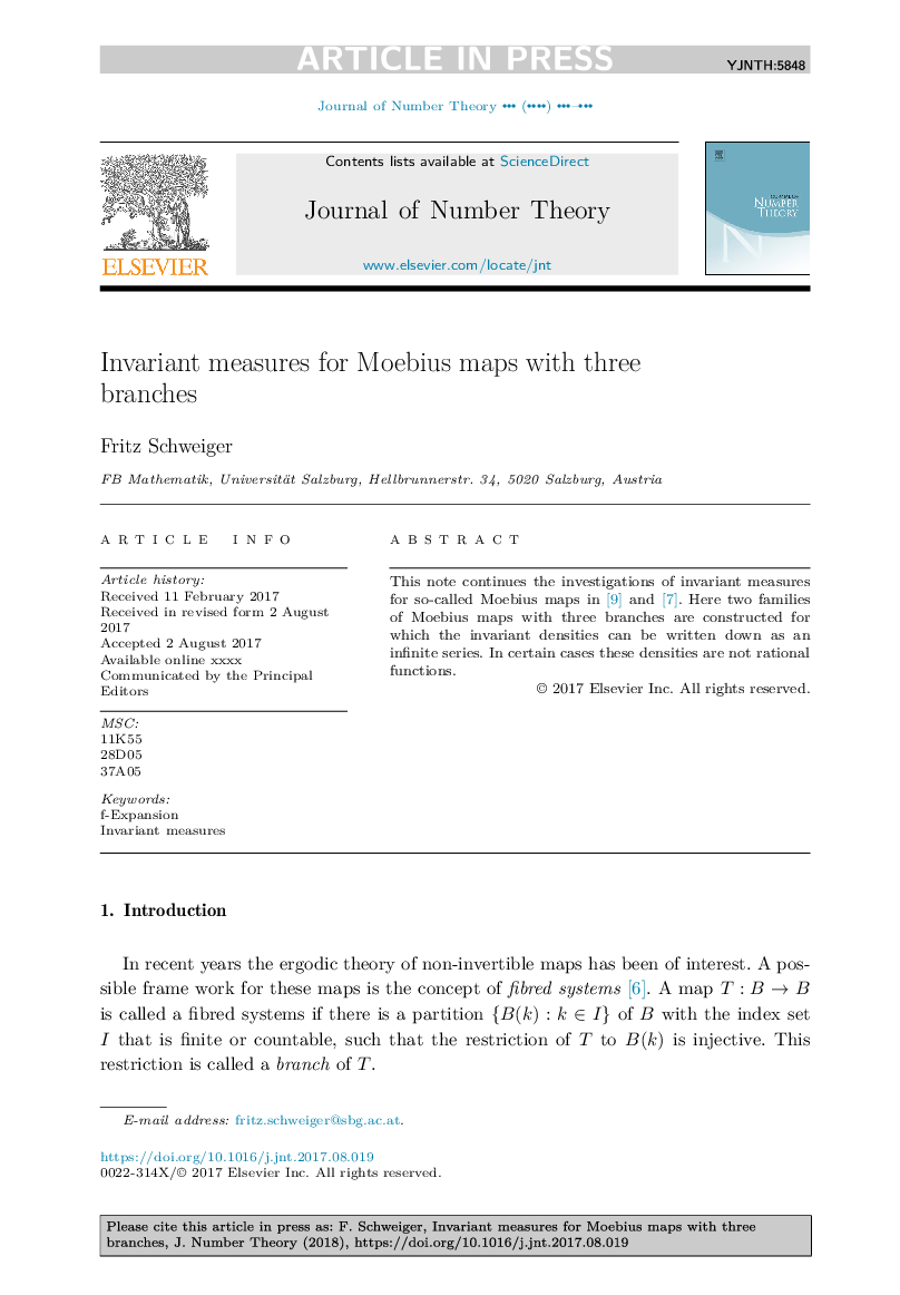 Invariant measures for Moebius maps with three branches